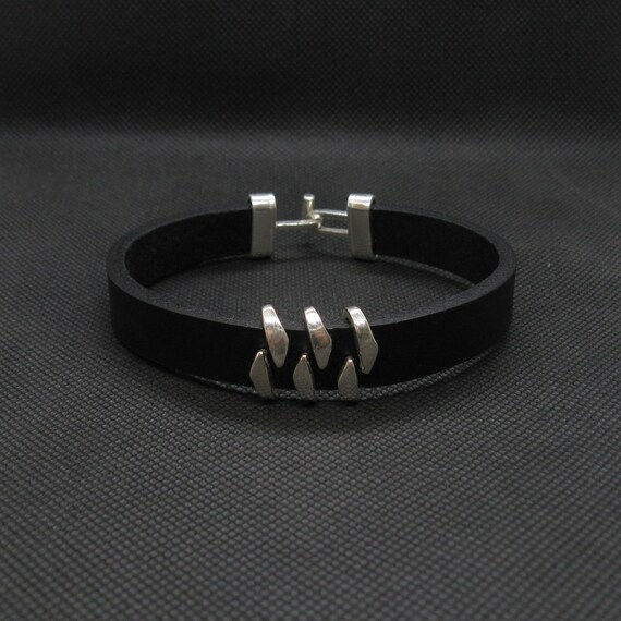Sterling Silver Bracelet With Black Leather Genuine