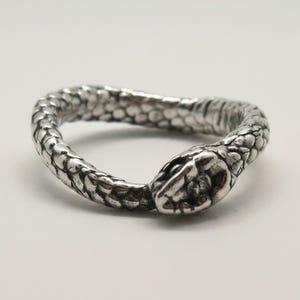 Può includere: Un anello color argento a forma di serpente avvolto. La fascia presenta un motivo a scaglie dettagliato e strutturato su tutta la superficie, con la testa del serpente che forma il punto focale a un'estremità, mostrando occhi e muso ben definiti.