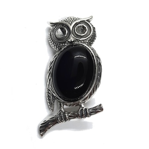 Genuine Sterling Silver Brooch Owl With Black Onyx Solid Hallmarked 925