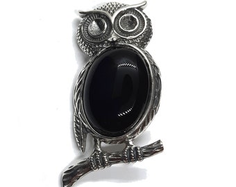 Genuine Sterling Silver Brooch Owl With Black Onyx Solid Hallmarked 925