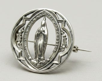 Sterling Silver Miraculous Medal Brooch Virgin Mary Religious Pin Stamped 925