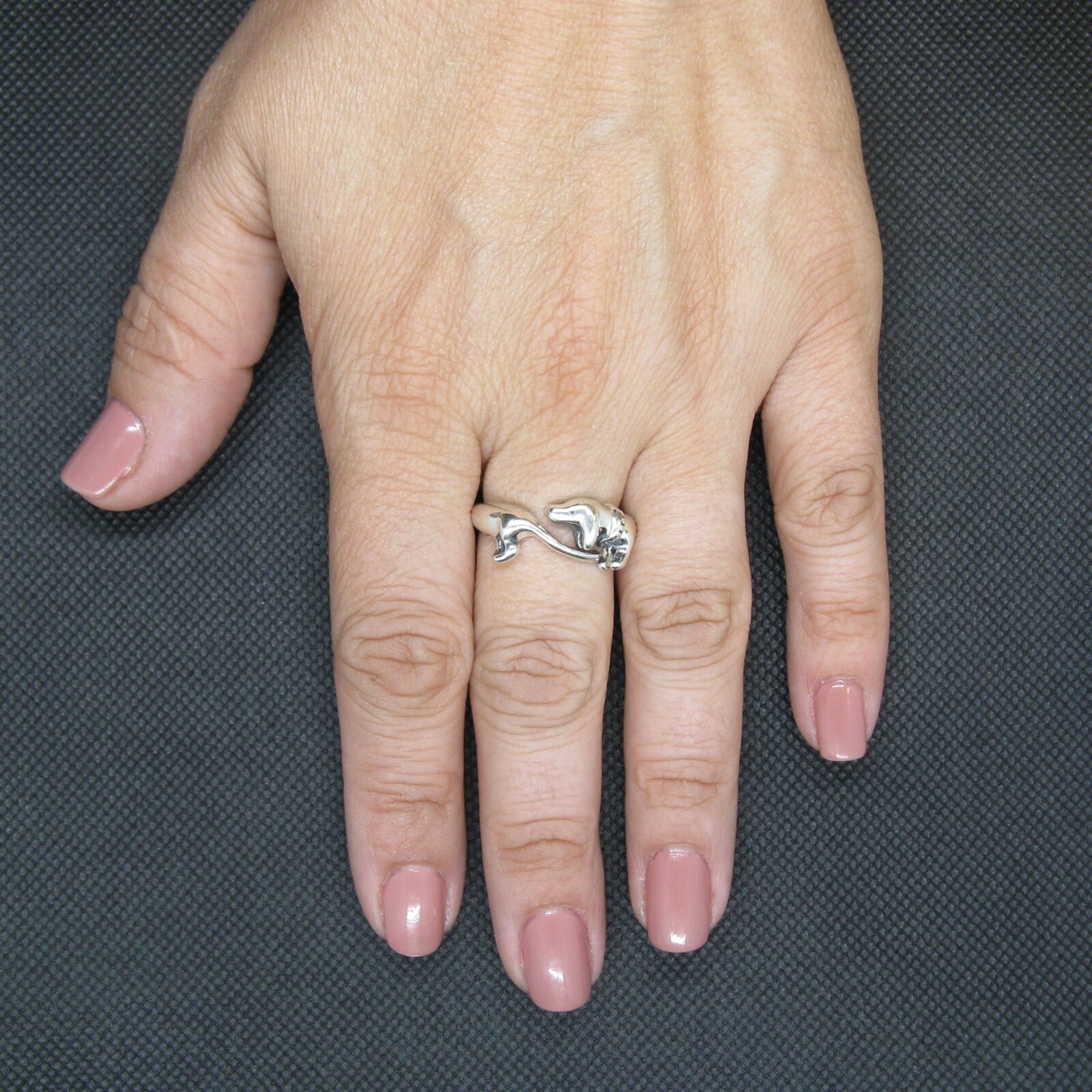 Anello con cane che abbraccia il dito bassotto oro nero argento | IT