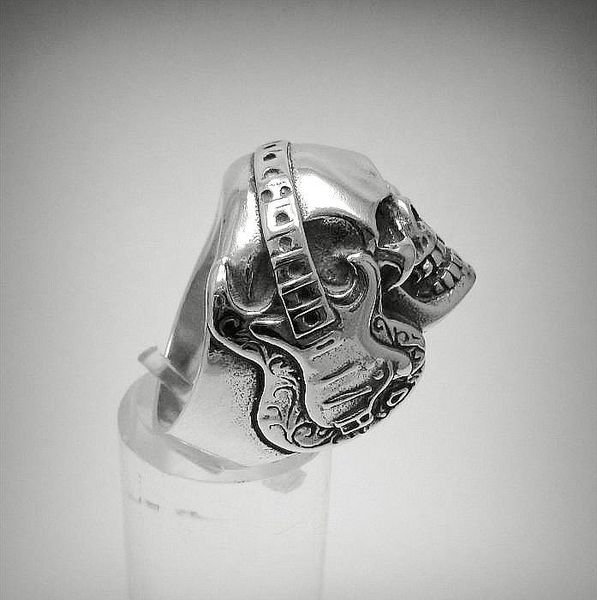 Sterling Silver Skull Ring With Guitar Design, Hallmarked