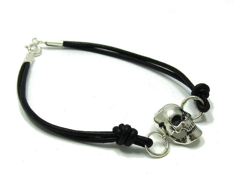 B000136 Sterling Silver Bracelet Skull 925 Leather image 2