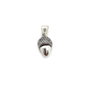 Puede incluir: Un colgante de bellota de plata con una tapa texturizada y rugosa y un cuerpo de nuez liso y pulido. El colgante incluye una pequeña anilla de plata lisa en la parte superior para sujetarlo a una cadena, mostrando un acabado metálico brillante.