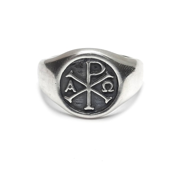 Anello Uomo in Argento Sterling Chi Rho Alpha Omega Solid Hallmarked 925 Comfort Fit