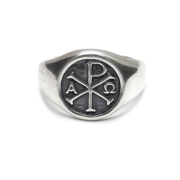 Sterling Silver Men Ring Chi Rho Alpha Omega Solid Hallmarked 925 Comfort Fit