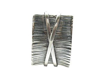 Sterling Silver Abstract Pendant | Textured Rectangle with X Design Stamped 925 Nickel Free