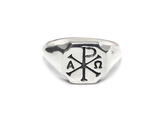 Anello da uomo in argento sterling con chi Rho Alpha Omega, massiccio, punzonato 925, vestibilità comoda.