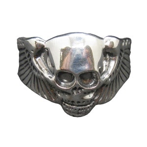 Anello in argento sterling con teschio e ali da motociclista, massiccio, punzonato 925 R000247