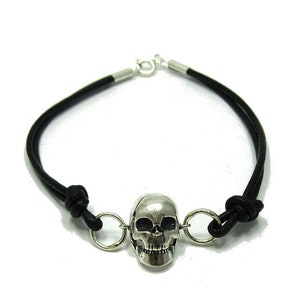 B000136 Sterling Silver Bracelet Skull 925 Leather image 1