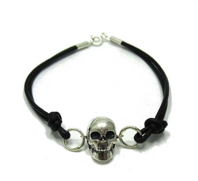 B000136 Sterling Silver Bracelet Skull 925 Leather image 1