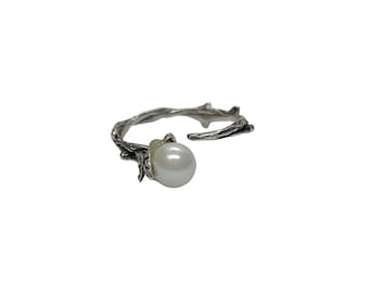 Minimalistischer Ring aus Sterlingsilber, Zweig mit 6-mm-Perle, massiv, echt, gestempelt 925