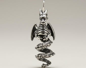Sterling Silver Winged Dragon Pendant, Gothic Fantasy Jewelry