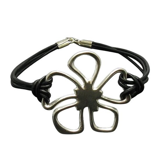 Sterling Silver Bracelet Flower With Natural Leather Solid  display picture 1