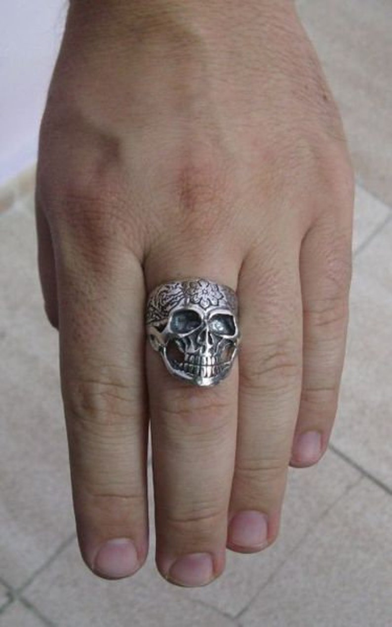 R001161 Bague Argent Massif 925 tete de mort fleur image 4