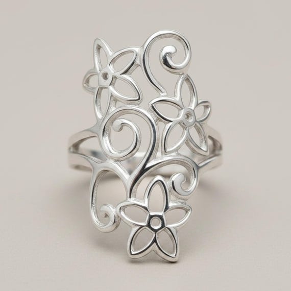 Sterling Silver Floral Scrollwork Ring Stamped 925 Nickel Free