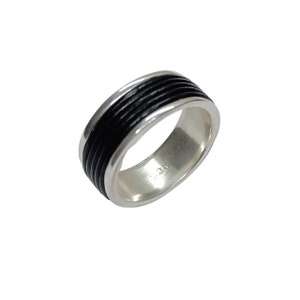 Sterling Silver Ring Band 8mm Wide With Leather Solid Genuine Stamped 925