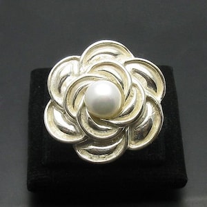Sterling Silver Ring Flower With Pearl Solid Hallmarked 925 Nickel Free Adjustable Size