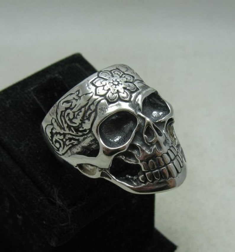 R001161 Bague Argent Massif 925 tete de mort fleur image 2