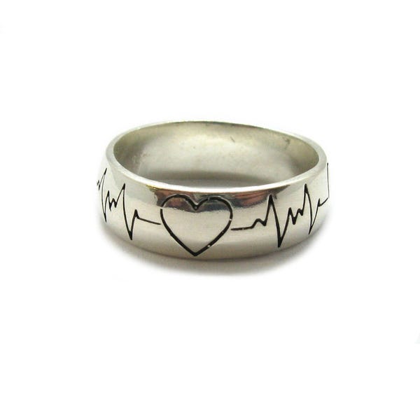 Sterling silver ring 7.5mm band solid hallmarked 925 Heart Cardiogram R001986
