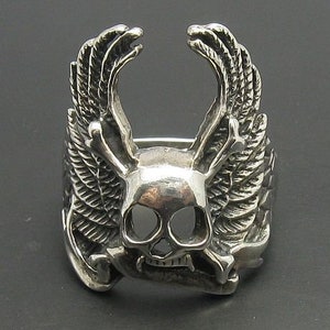 Sterling Silver Ring Skull With Wings Biker Crossbones Solid Genuine Hallmarked 925 Nickel Free