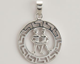 Sterling Silver Gemini Zodiac Pendant, Twins Greek Key Design