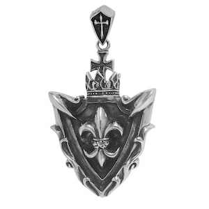 Sterling Silver Shield Pendant | Fleur de Lis Crown Cross Gothic Necklace | 63x24mm