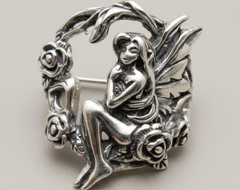 925 Sterling Silver Fairy Ring, Winged Elf and Roses Ring