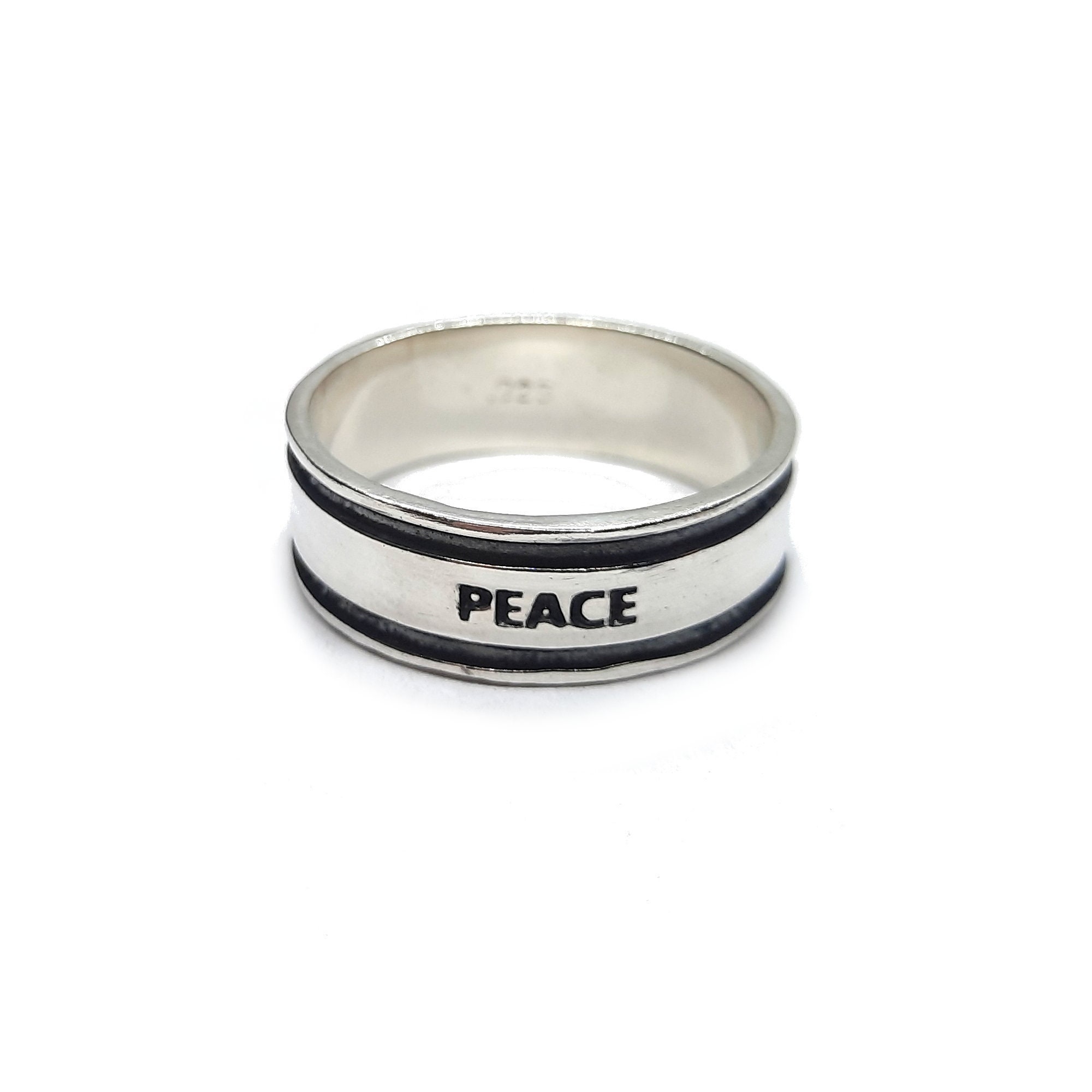 Sterling Silver Ring Band Peace 8mm Wide Solid Hallmarked