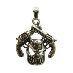 Sterling Silver Skull Pendant with Crossed Revolvers, Biker Jewelry, Stamped 925, Nickel Free