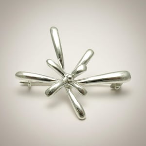 Könnte beinhalten: Eine polierte silberfarbene Brosche mit einem sternförmigen Design, das aus glatten, abgerundeten Armen besteht, die von einem zentralen Punkt ausgehen. Die Metalloberfläche ist reflektierend und gewölbt, was eine dreidimensionale Form erzeugt.