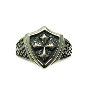Sterling Silver Shield Cross Ring | Medieval Crusader Knight 925 Handmade Warrior Jewelry