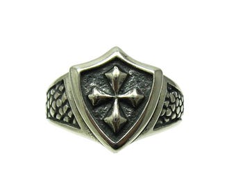 Sterling Silver Shield Cross Ring | Medieval Crusader Knight 925 Handmade Warrior Jewelry