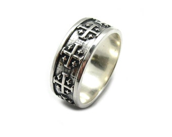 Anello in argento sterling 925 con croce di Gerusalemme, fascia da 10 mm, punzonato R001949
