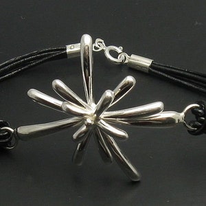 Extravagant Sterling Silver Bracelet With Natural Leather Solid Genuine Stamped 925 image 1