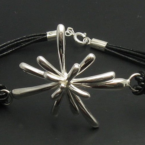 Extravagant Sterling Silver Bracelet With Natural Leather Solid Genuine Stamped 925