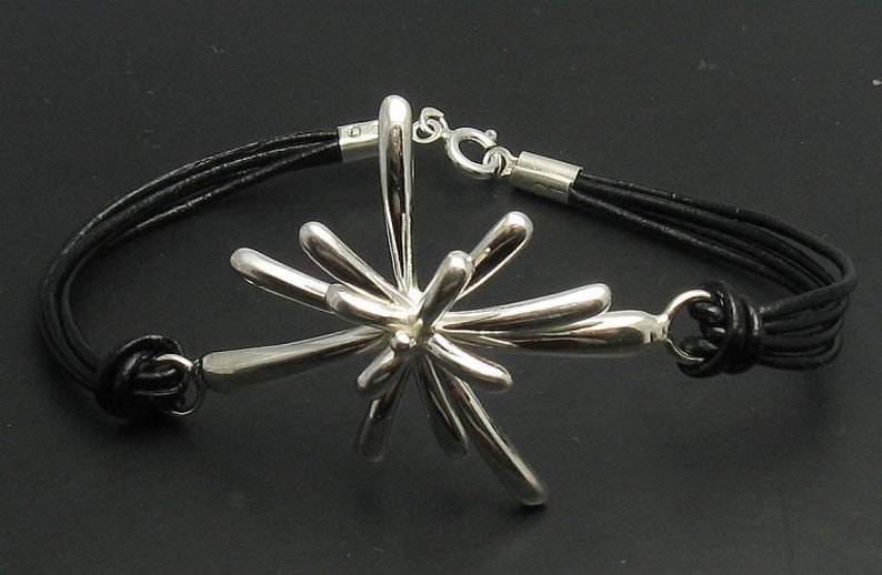 Extravagant Sterling Silver Bracelet With Natural Leather Solid Genuine Stamped 925 image 1