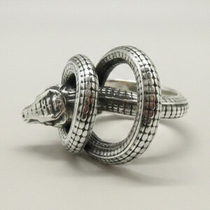 Puede incluir: Un anillo de tono plateado con un diseño de serpiente en el que el cuerpo del reptil se enrosca sobre sí mismo para formar la banda. La superficie metálica tiene un patrón texturizado similar a escamas, con la cabeza de la serpiente extendida.