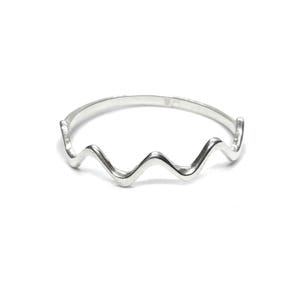 Può includere: Un sottile anello in argento lucido caratterizzato da un motivo a onde continuo e ripetitivo lungo la metà anteriore della fascia. Il metallo presenta una superficie liscia e riflettente, e il design è composto da tre picchi e due valli distinti, creando un'estetica semplice, uniforme e metallica.