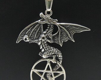 PE000448 Sterling silver pendant 925 solid dragon pentagram