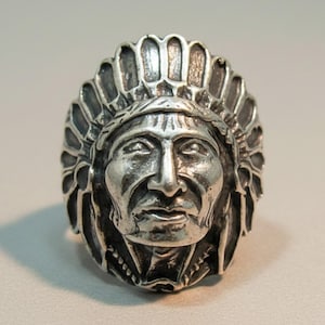 Sterling Silver Native American Chief Ring, Feather Headdress Design
