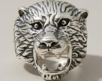 925 Sterling Silver Bear Head Ring Roaring Wild Animal Men's Statement Ring