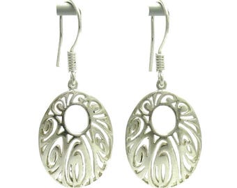 Sterling Silver Oval Filigree Dangle Earrings Stamped 925 Nickel Free