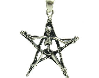 PE000966 Sterling silver pendant   925 solid pentagram skeleton