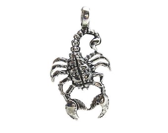 May include: A silver-toned metal pendant shaped like a scorpion, featuring a textured body with detailed segments, curved pincers, and a raised tail. The pendant includes a small integrated bail at the top for attachment to a chain or cord.