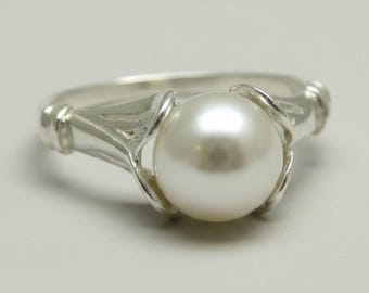 Elegant Sterling Silver Ring With 8mm Cultured Pearl Stamped 925 Nickel Free