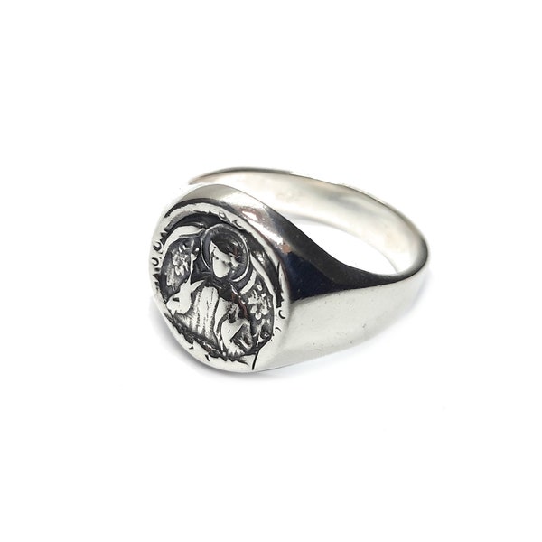 Sterling Silver Signet Ring Archangel Michael Solid Hallmarked 925 Comfort Fit