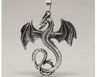 Sterling Silver Dragon Pendant, Gothic Fantasy Jewelry
