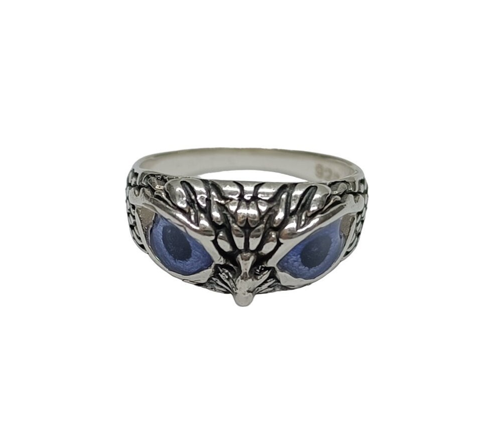 Sterling Silver Ring Owl Solid Hallmarked 925 With Enamel